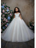 Beaded Ivory Lace Tulle Keyhole Back Long Flower Girl Dress